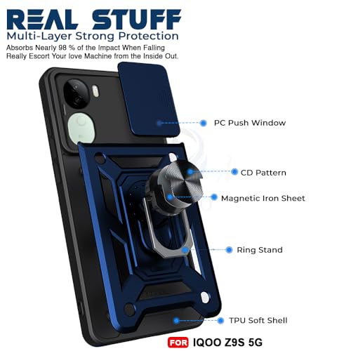 Image of AESTMO Tough Armor Compatible with iQOO Z9S 5G Bumper Back Case Cover | Ring Holder & Sliding Camera Shield Cover | 360 Degree Protection Back Case Cover Compatible with iQOO Z9S 5G (Blue)