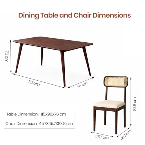 Image of WOODLAB Solid Sheesham Wood 4 Seater Dining Table Set | Wooden Four Seater Dining Table with Cushioned Cane Back Chairs Furniture for Living Room, Home, Hotel and Restaurants - Walnut Finish
