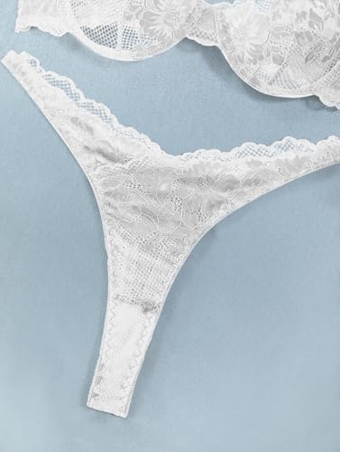 Image of Lilosy Sexy Floral Lace Scallop Underwire Push Up Sheer Lingerie Set Outfits
