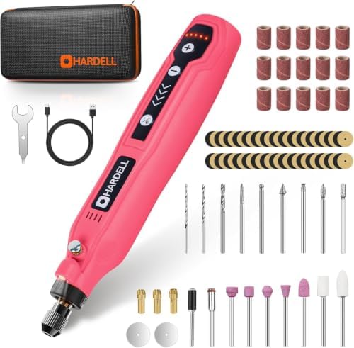 HARDELL Mini Akku Rotationswerkzeug mit LED, 5 Geschwindigkeiten (5000-18000 U/min), 3,7V Multifunktionswerkzeug Set mit 69 Zubehör, Gravurset für Resin, Holz, Glas, Basteln (Rosa-