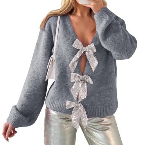 ZDC Womens Bow Sweater Cardigan Trendy Button Down Open
