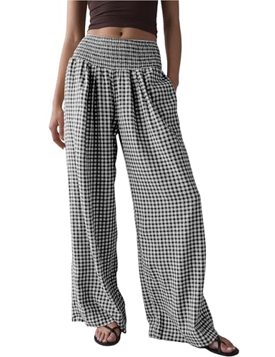 Qiaomai Women Casual Plaid Pants Elastic High Waist Wide Leg Lounge Pants Loose Trousers