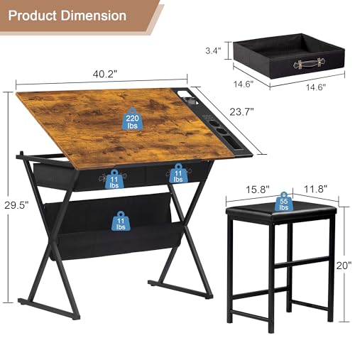 VECELO Drafting Table Art Desk Art Table Adjustable Drawing Table Tilted Tabletop with 2 Storage Drawers and Stool, Drawing Desk for Artist Painters Drawing, Crafting, Reading, Writing, Rustic Brown - Image 4