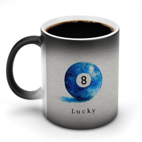 Jubonexis Taza redonda azul de billar Lucky 8 tazas que cambian de color, taza de café de cerámica que cambia de calor, novedosa taza de té y agua, 325 ml Jubonexis Taza redonda azul de billar Lucky 8 tazas que cambian de color, taza de café de cerámica que cambia de calor, novedosa taza de té y agua, 325 ml