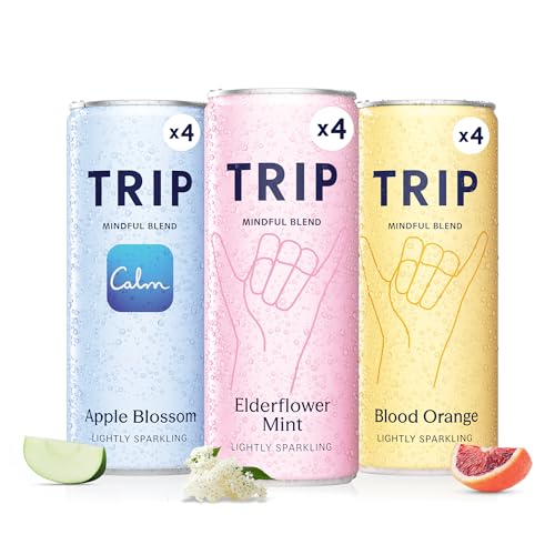 TRIP Mixed Pack Sparkling Drink with 120MG calming Magnesium + Lions Mane + Chamomile + Lemon Balm. Low Calorie and Vegan (Pack of 12 x 250ml)
