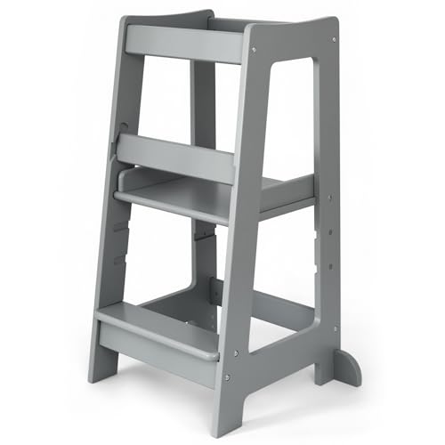 Image of Stepup Baby Toddler Standing Tower - 3 Level Adjustable Wooden Kitchen Step Stool, Bathroom Sink, Kitchen Counter, Kids 18 Months to 4 Years Gift - Gray