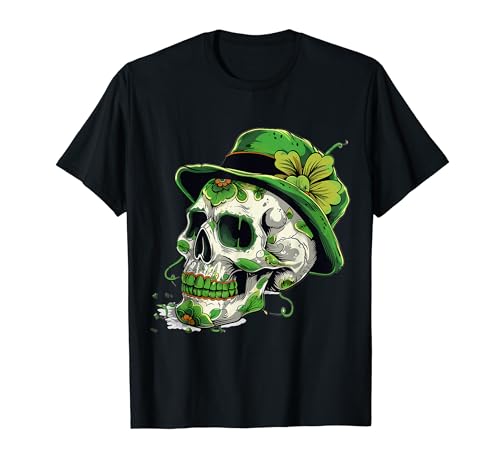 Divertente teschio di zucchero Happy St Patricks Day Leprechaun Maglietta