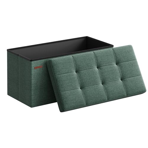 Image of SONGMICS Mazie Collection - 30 Inches Folding Storage Ottoman Bench, Ottoman Foot Rest, End of Bed Bench, Storage Chest, Load 660 lb, for Living Room, Bedroom, Entryway, Retro Green ULSF047C01