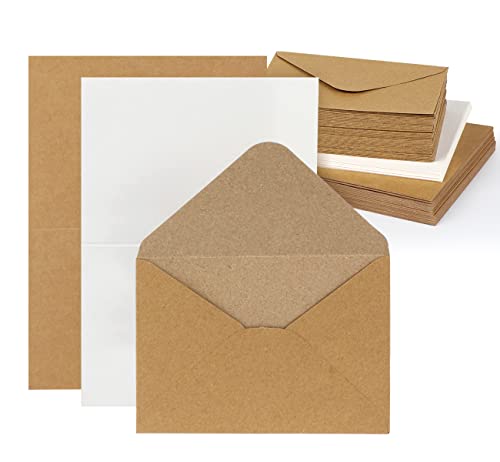 Mocraft Conjunto de 30 envelopes de papel vintage em branco com envelopes e folhas brancas para inserir cartões duplos reciclados para saudações, cor castanho natural