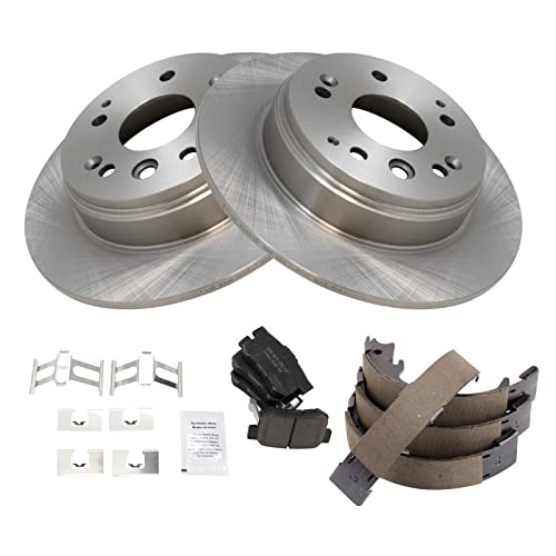 Image of TRQ Rear Brake Pad and Rotor Set Ceramic Parking Brake Shoe Compatible with 2004-2008 Acura TL 2003-2011 Honda Element