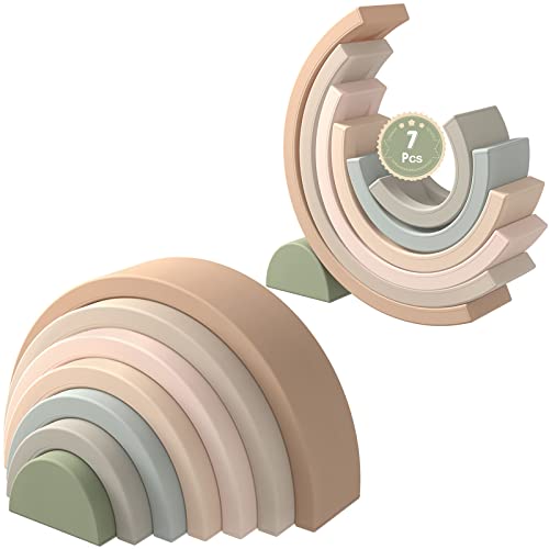 Image of MCGMITT Rainbow Stacking Toy, Silicone Rainbow Stacker for Toddlers, Montessori Nesting Blocks, Building Creative Color Shape Matching Toy Set, 7 Layers (Brown)