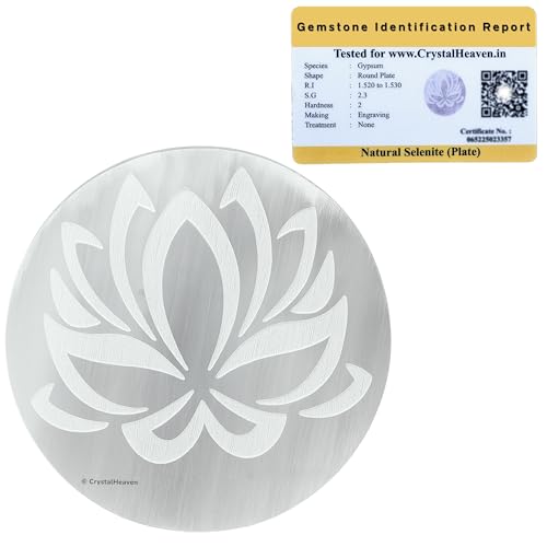 Image of Certified Selenite Crystal Charging Plate, 4 Inches Engraved Lotus Flower of Life Selenite Plate for Crystal Cleansing Re-Energy Work, Meditation and Pooja