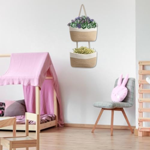 Cesta colgante de pared de cuerda de algodón con 2 niveles organizadores para el hogar 7