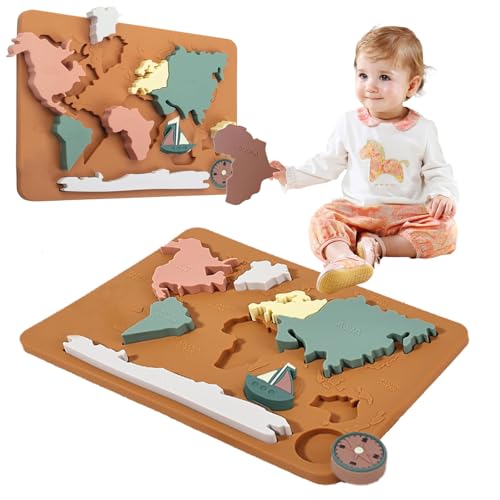 Image of Conbby Silicone Toddlers World Map Puzzle, Baby Soft Silicone World Puzzle Toys for Toddlers, Learning Toy Board for Kids Educational Learning, Improve Children's Understanding of The Country…