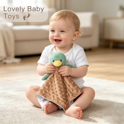 Image of Baby Security Blanket Soft Baby Lovey Unisex Lovey Shower Gifts for Newborn Boys and Girls Snuggle Toy Mallard Duck Stuffed Animal Green 14 Inch