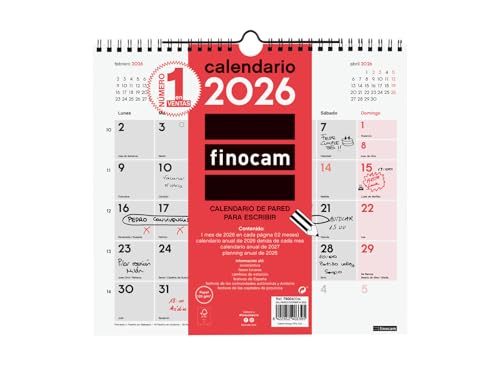 Finocam - Calendario de pared 2026 Mes Vista Enero - Diciembre (12 meses) | Calendario 2026 para anotar | Planificador mensual Neutro - Español