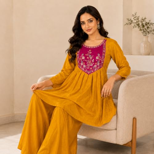 Image of Embroidered Sharara Set for Women | Roman Silk Short Kurta with Flared Sharara Pants | Designer Festive Ethnic Wear Suit Set for Weddings, Sangeet & Celebrations