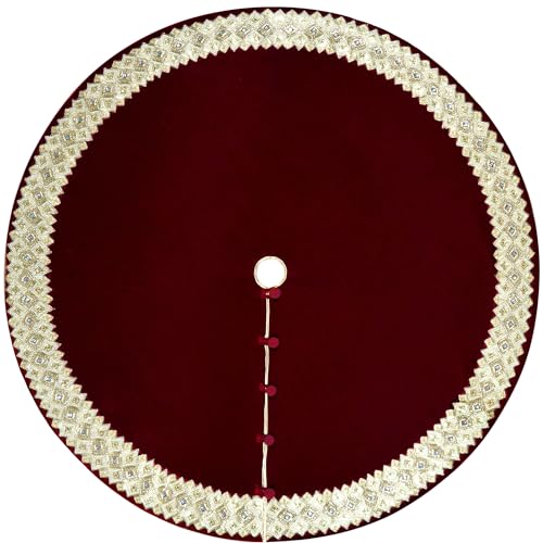 72-Inch-Venetian-Gilded-Christmas-Tree-Skirt-wGold-Glitter-Band-Decor-and-Button-Loop-Closure-Burgundy-Red 72 Inch Venetian Gilded Christmas Tree Skirt wGold Glitter Band Decor and Button Loop Closure Burgundy Red