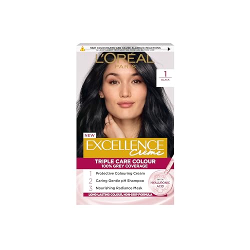 L'Oréal Excellence Créme 1 Black: Hyaluronic Acid for 10x Nourished, 2x Shinier Hair & 100% Grey Coverage. Experience intense black with lasting colour, visibly better hair quality, and strength.