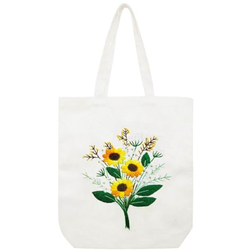 Image of YANGSHINE Canvas Tote Bag Embroidery Kit for Beginners, Arts and DIY Crafts Kits with Pattern for Adults, Include Stamped Flower Pattern, Hoop, Color Threads and Tool (Beige Bag, Flower #2)