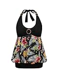 MakeMeChic Women's Floral Print Ruched Halter Top Tie Backless Summer Tank Top Y2K Boho Shirts Black X-Small