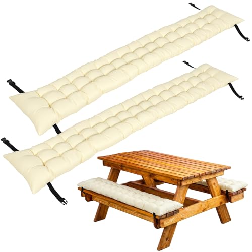 BreezeHug 2 Pcs Picnic Bench Cushion 6 Waterproof Outdoor Picnic Table Seat Cushion with Durable Straps and Buckles 72 (6ft) x 10 x 3 Tufted Fade Resistant Folding & Easy to Carry (Beige)