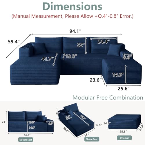 Image of Boneless Cloud Couch Comfy Sectional Couches for Living Room,U Shaped Sofa Couch in a Box with Ottoman Deep Seat Memory Foam Compressed Sofa(Blue, 95 inch Left Facing Chaise)