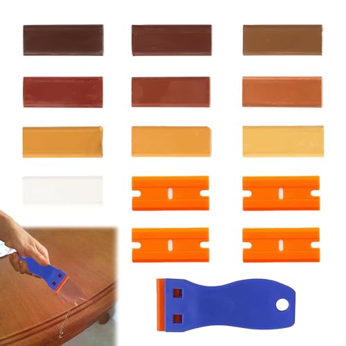15PSC - Kit de reparación de suelos laminados, kit de reparación de encimeras laminadas, 10 varillas de reparación de madera de relleno de cera de colores con raspador para reparación de arañazos de