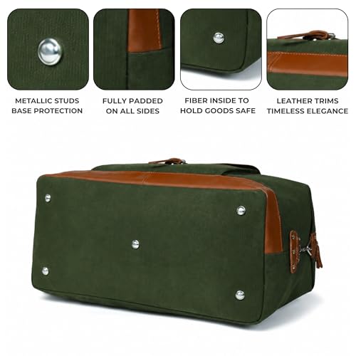 Image of Genuine Leather Large 40L Canvas Weekender Travel Duffle Cabin Bag with Detachable Shoulder Strap for Men and Women Overnight Sling Bag (Green)