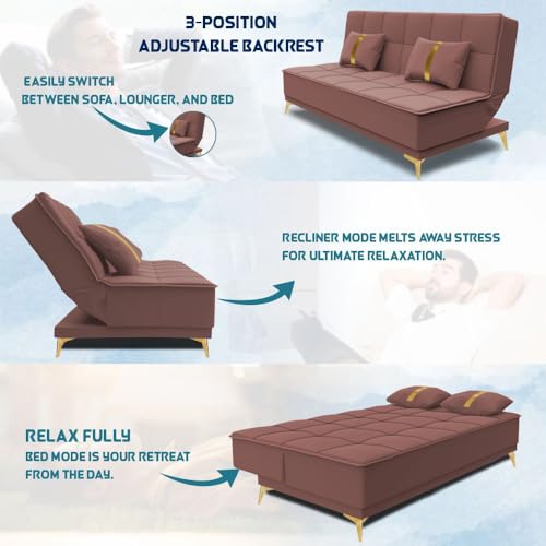 Image of Adorn India Premium New Alyssum 3 Seater Sofa Cum Bed 4X6 Velvet Suede with 2 Cushions (Color Pink) and Suitable for All Indoor, with 3 Years Warranty