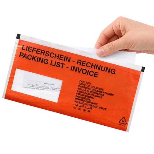 Netuno 50 Lieferscheintaschen selbstklebend rot bedruckt DIN lang 13 1 x 23 9 cm Begleitpapiertasche Dokumententasche Rechnungstasche DL Packlistenumschläge für Lieferscheine Garantiekarten