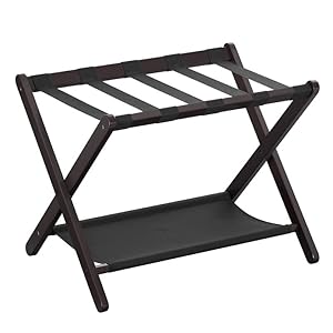 SONGMICS Luggage Rack, Wood Luggage Rack for Guest Room, Folding Suitcase Stand, for Hotel, Bedroom, Heavy-Duty, Holds up to 121 lb, Expresso and Black URLR006R01