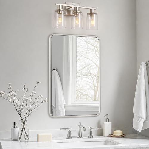 Image of Brushed Nickel Bathroom Light Fixtures Over Mirror,3-Light Bathroom Vanity Light with Clear Glass Shade,Modern Farmhouse Wall Sconces Lighting for Mirror Kitchen Living Room Cabinet