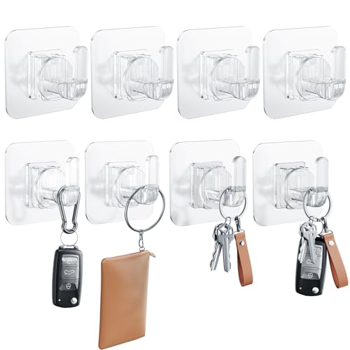 Blissfuhue 8 Pack Invisible Key Hooks for Wall, Clear Adhesive Key Holder, Bags,Hats, Towels & More | No-Drill Strong Hold (5kg) | Waterproof ABS for Bathroom, Kitchen, Entryway | for Smooth Walls