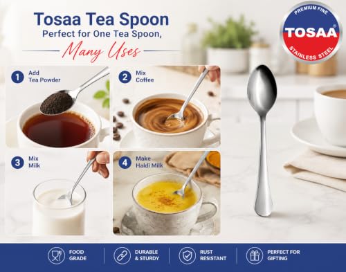 Image of Tosaa Tea Spoon Royal Plain 16G-6-Piece Stainless Steel Spoon Set, Set of 6 for Everyday Use,Rust-Resistant & Dishwasher Safe