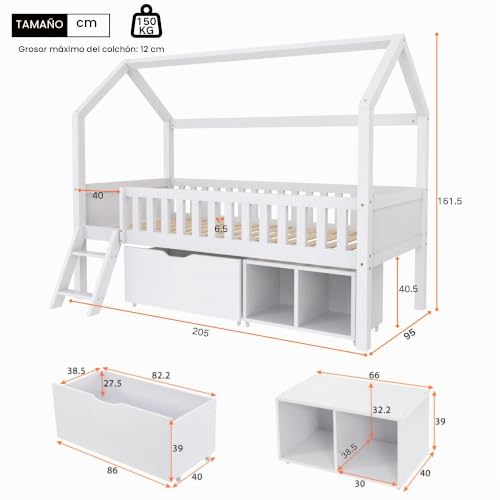 Miniatura 2 de Soweiz Cama De Madera Con Forma De Casa, Cama Infantil Con Valla De Seguridad, Con Cajones Y Compartimentos De Almacenaje. Blanco 200x90cm