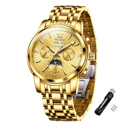 Image of OLEVS Automatic Men Watch Self Winding Mechanical Luxury Dress Moon Phase Stainless Steel Waterproof Luminous Calendar Wrist Watch