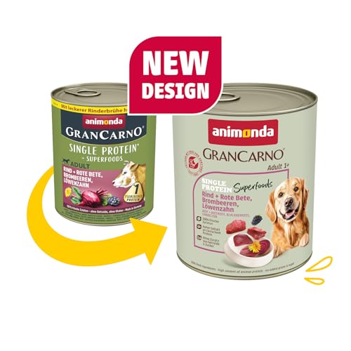 animonda GranCarno Hunde Nassfutter Single Protein Superfoods Rind pur (6 x 800g), getreidefreies Hundenassfutter ohne Zucker, für ausgewachsene Hunde, mit frischen fleischigen Zutaten