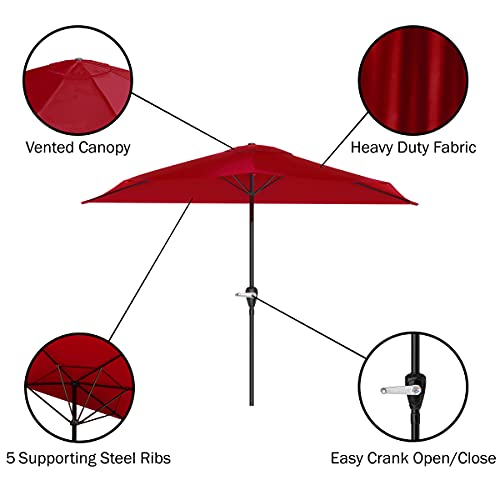 Half Umbrella Outdoor Patio Shade - 9 ft Patio Umbrella with Easy Crank - Small Canopy for Balcony, Table, or Deck by Pure Garden (Maroon Red) by Pure Garden - Image 3