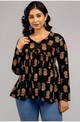 Image of Women's Floral Print Reyon Peplum Top - Casual Loose Fit 3 /4 Sleeve Tunic top, Stylish V-Neck Flared Kurti, Comfortable Everyday Wear
