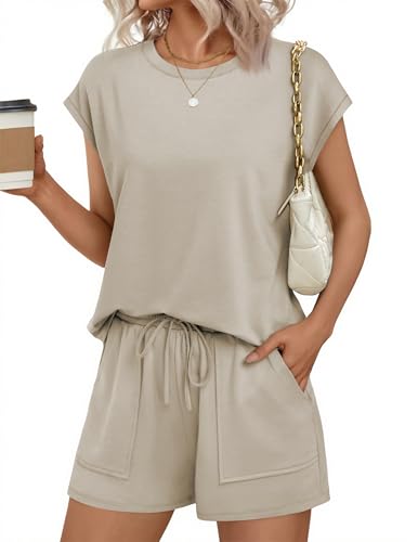 Ekouaer Two Piece Sets for Women Summer Crew Neck Lounge Short Sets Cap Sleeve Drawstring Vacation Outfits with Pocket Khaki Medium