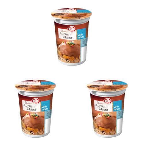 RUF Kuchen-Glasur Vollmilch-Schokolade, 500g im XXL Becher, mikrowellengeeignet, zum Glasieren & Dekorieren von Plätzchen, Muffins & Kuchen, glutenfrei (Packung mit 3)