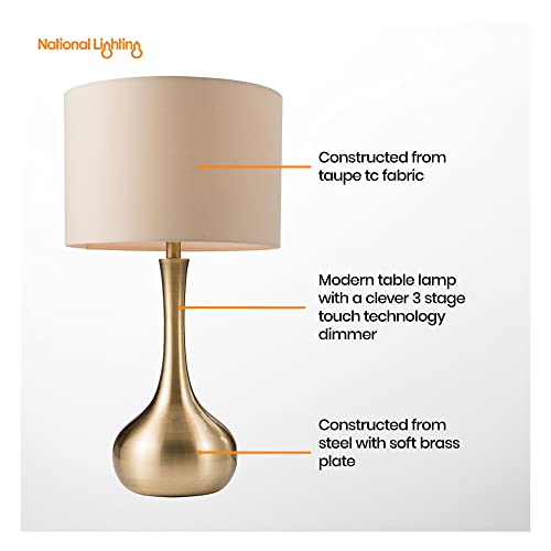 National Lighting Modern Table Lamp - 3-Stage Dimmer Touch Lamp for Desk - Bedside Reading Lamps for Bedroom - Soft Brass Effect & Taupe Cotton - 40W 240V Incandescent E14 Candle (Not Included) - Image 3