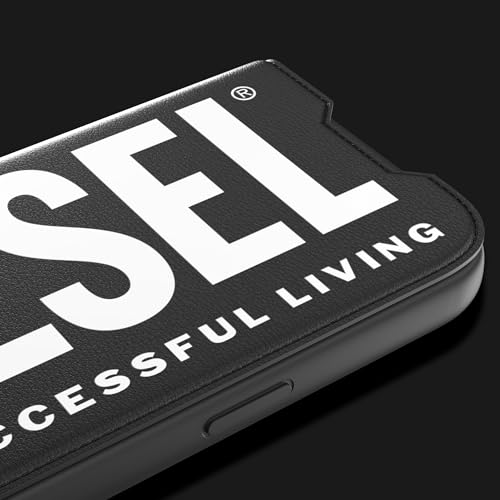 DIESEL iPhone15Proケース 手帳型 おしゃれ ブランド ロゴ デザイン 黒 (ディーゼル iPhone 15 Pro 手帳型ケース, ブラック/ホワイト)