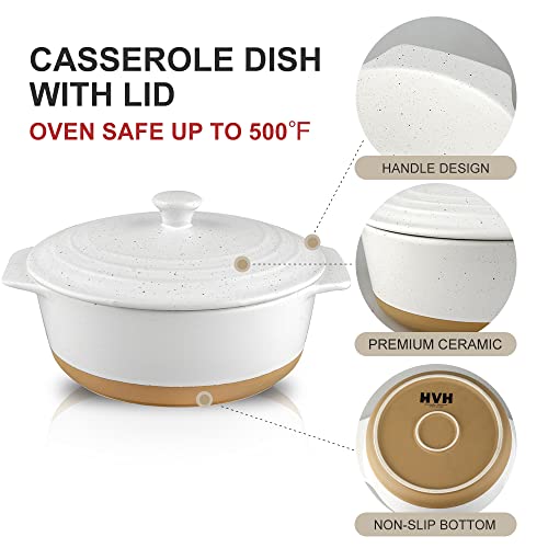 Hvh Ceramic Casserole Dish With Lid Oven Safe, 2 Quart Round Casserole Dish Set, 9 Inches Round Baking Dish With Lid Oven Safe, Deep Baking Dishes For Oven With Lids For Party, Farmhouse Style (White) #TOP5