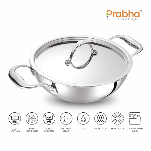 Image of Prabha Prima Deep Kadhai with Lid, Stainless Steel, Kitchen Kadhai, 30cm, 7.2L, Induction & Non Induction Base, 60 Months Warranty