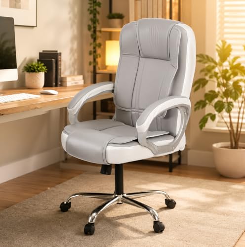 Image of GOYALSON Ergonomic Office Chair | Leatherette Seating Chair with Adjustable Height | 360 Revovling Chair | Comfortable Padded Seating /Suitable for Office /Study (White & Grey)