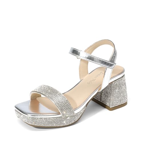 DREAM PAIRS Girls Sandals Open Toe Low Block Chunky Heels Sandals Party Dress Pumps Shoes for Little Big Kid,Size 1 Big Kid,Silver-Metallic,SDHS25033K-V1