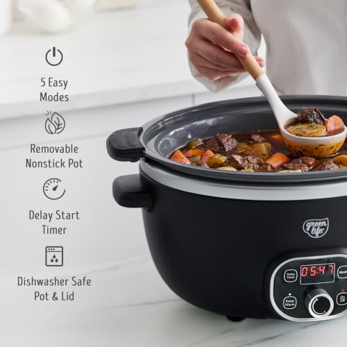 GreenLife 6QT Slow Cooker, Non-Toxic PFAS-Free Ceramic Nonstick Removable Interior Bowl, Programmable, Family Friendly, Keep Warm, Stovetop & Oven Safe, Dishwasher Safe Crock, Timer, Glass Lid, Black by GreenLife - Used condition - Image 3