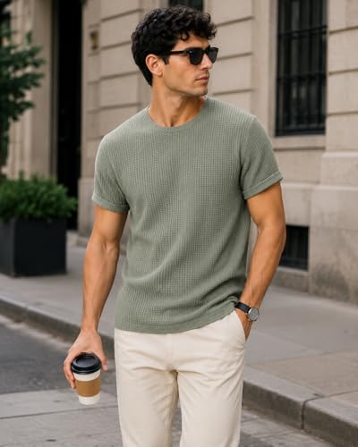 Image of London Hills Men's Waffle Textured T-Shirt | Solid Regular Fit Round Neck Half Sleeve Casual Wear Tee | Soft, Breathable & Lightweight Fabric